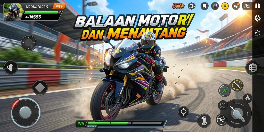 Gameplay INS55 yang mendebarkan dengan balapan motor yang cepat.