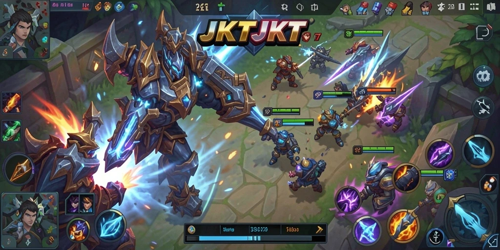 Gameplay dinamis JKTJKT di arena MOBA yang penuh aksi.