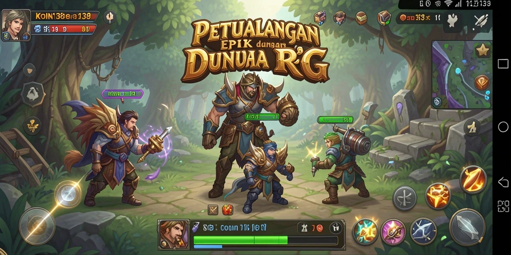 Tangkapan layar gameplay KOIN138 yang menampilkan pertempuran epik dan dunia yang luas.