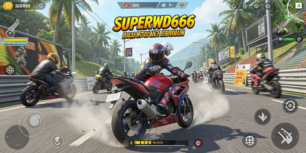 Screenshot gameplay SUPERWD666 menampilkan aksi balap motor yang intens.
